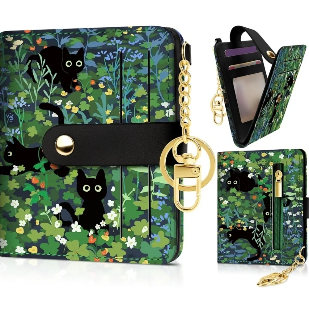 Black Cat Pattern Wallet with Gold Accents